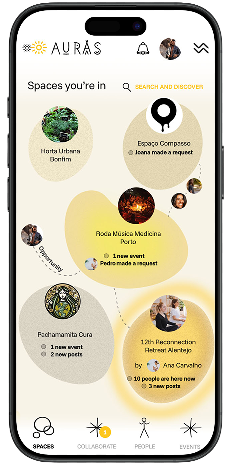 The Auras app showing the spaces you belong to as a living map