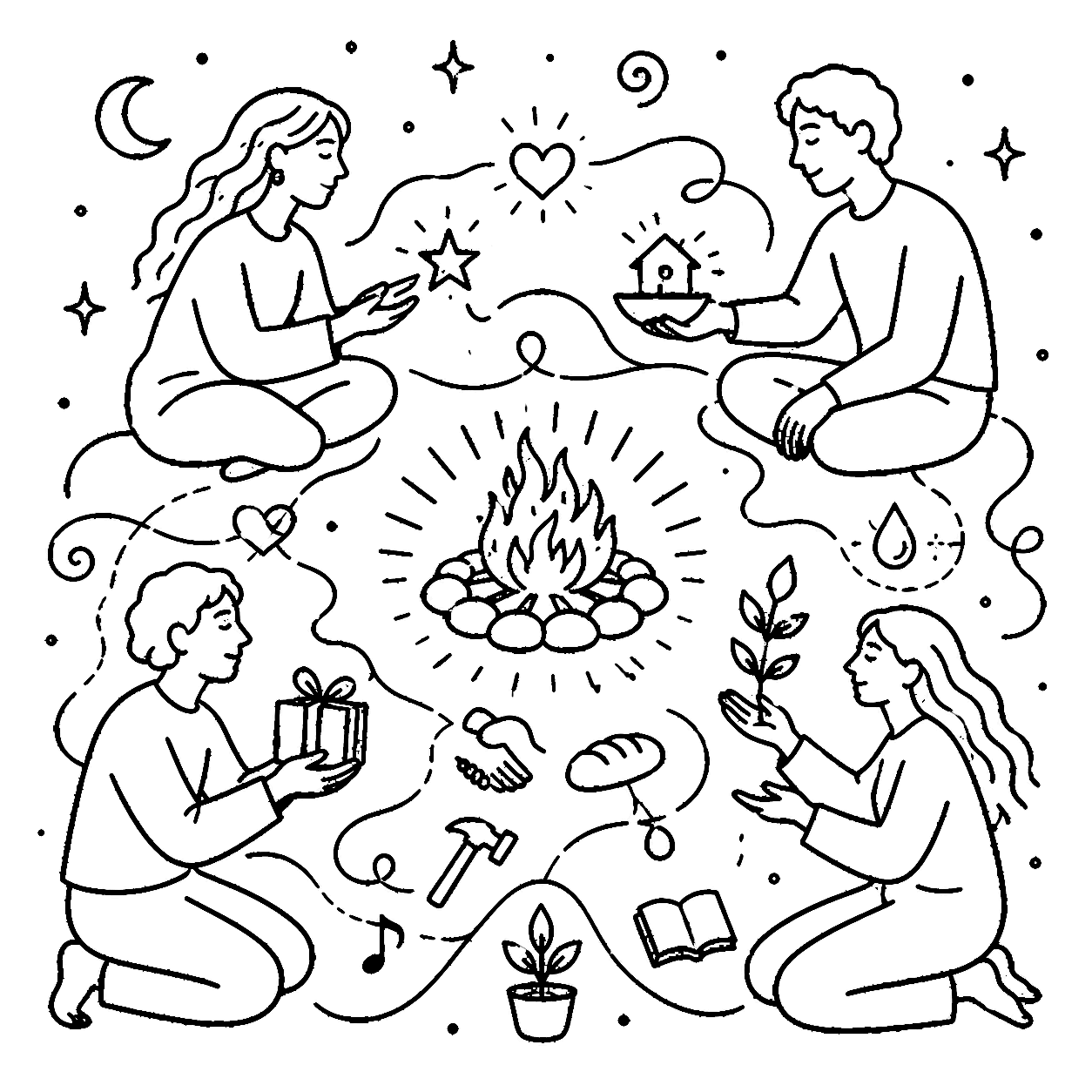 Four people around a fire, each offering something into the circle