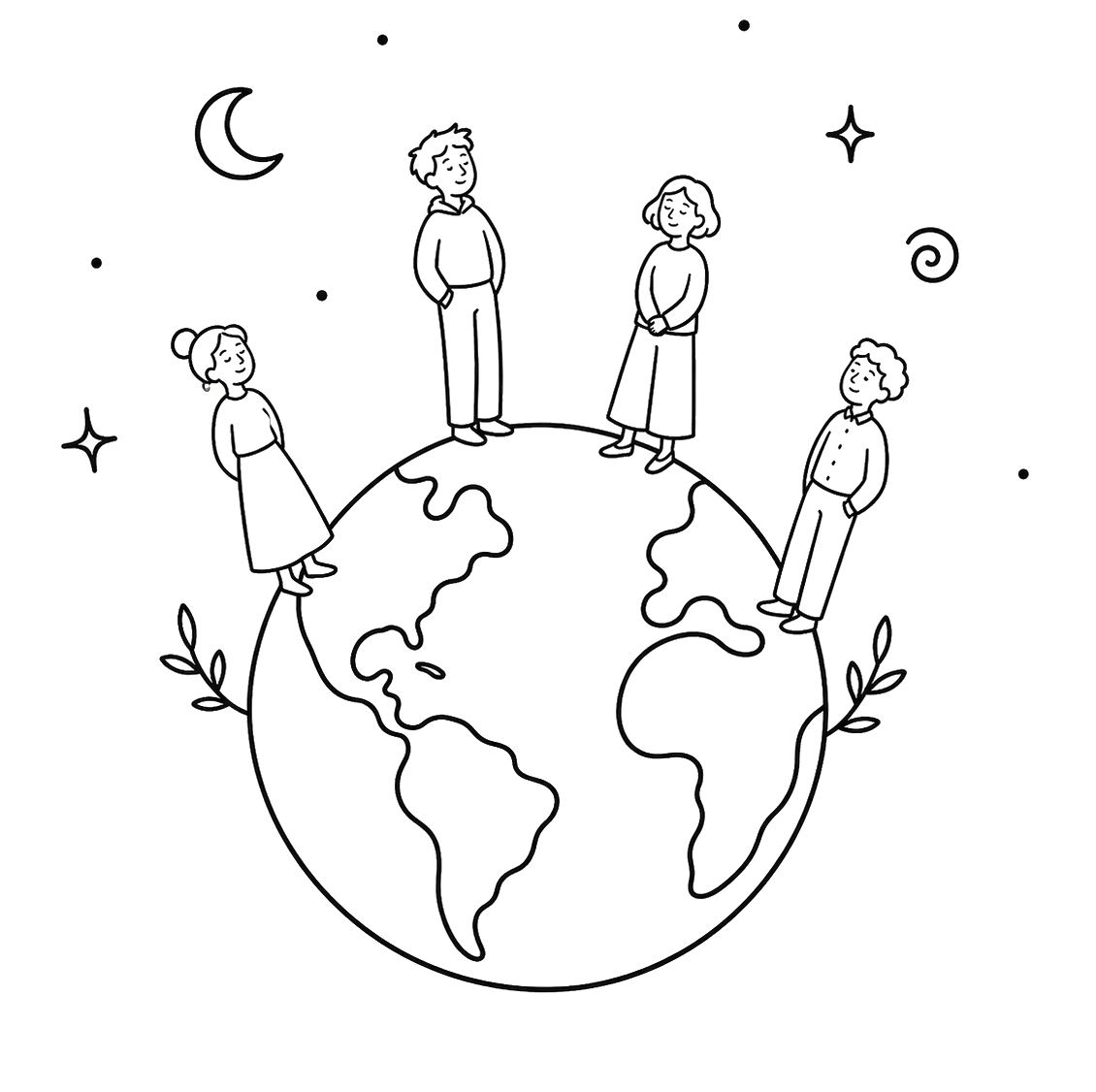 Four people standing together on the earth, under the moon and stars